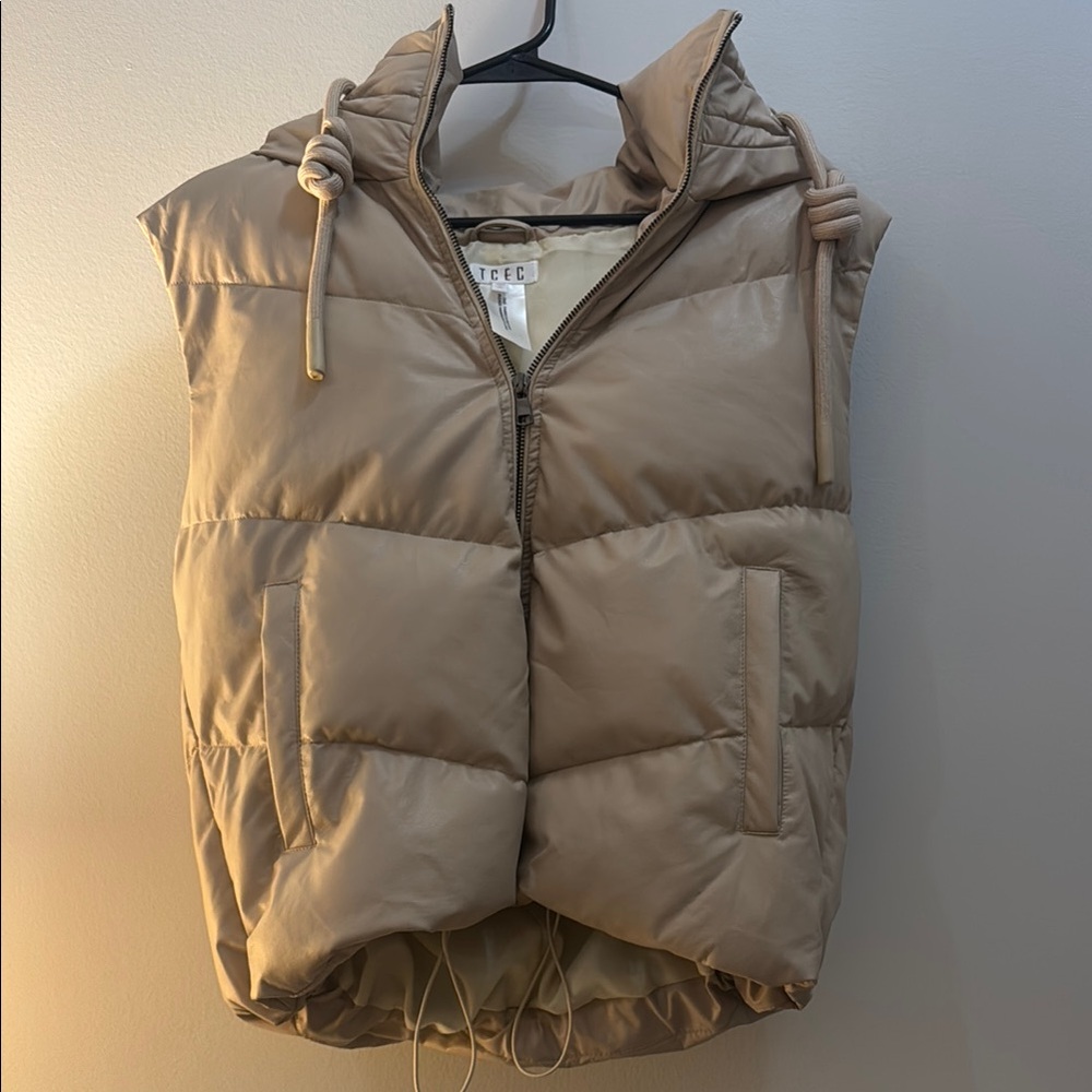 Tan Puffer Vest with Hood
